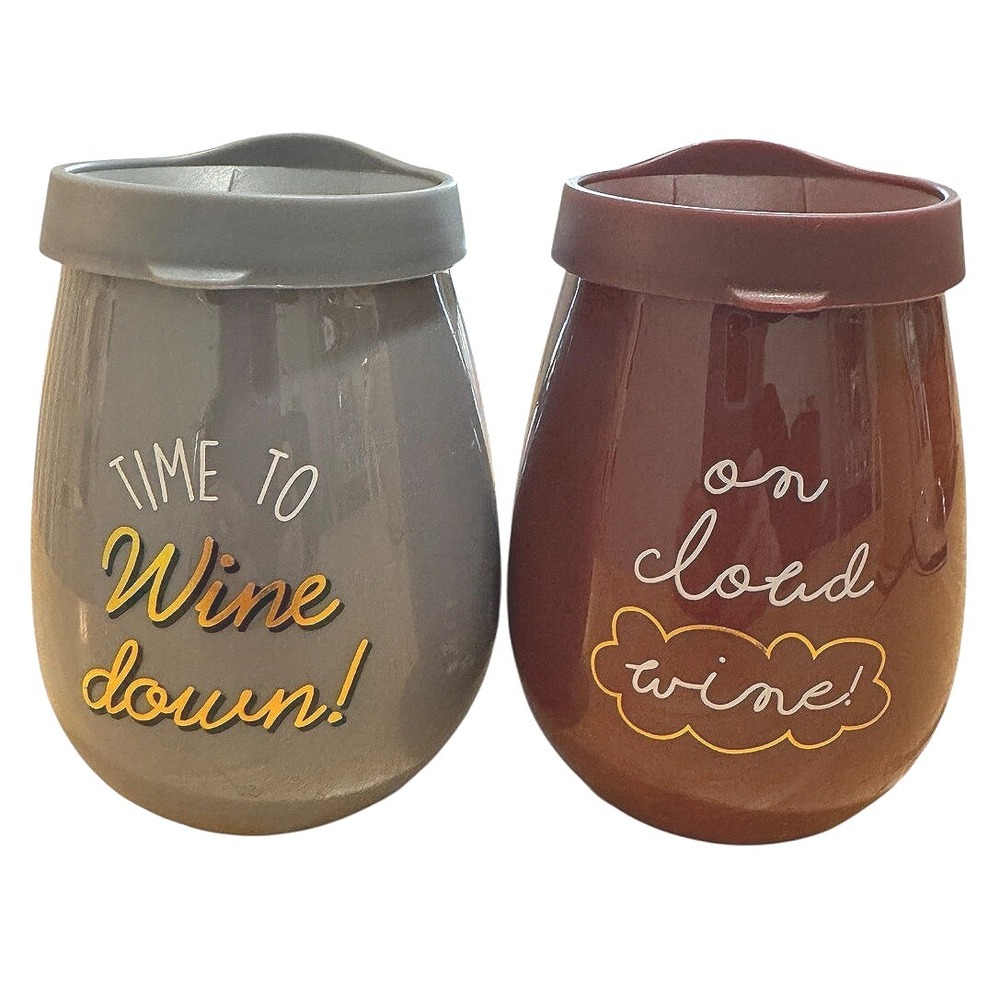 NWOT Stemless Wine‎ Tumbler Set 12 oz Gray Burgundy Novelty